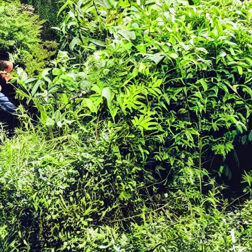 Prompt: man hiding in the bushes, shift in nature