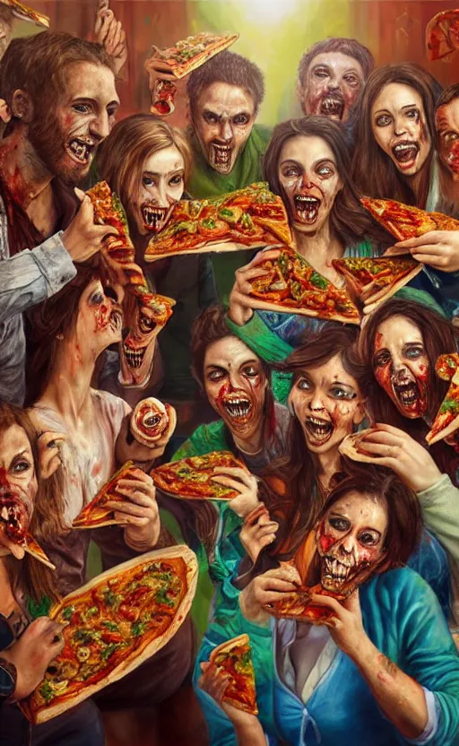 Prompt: beautiful detailed photorealistic painting of a group of friends dressed as zombies eating pizza. they are smiling and having fun. the friends are happy and having fun. vibrant, high quality, vibrant colors, very funny, beautiful, hq. hd. 4 k. award winning. trending on artstation