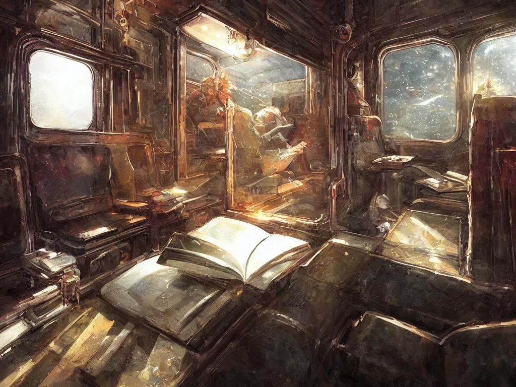 Prompt: detailed painting of a magical book laying open on the seat of a modern train car by Krenz Cushart, fantasy, dramatic light