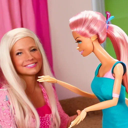 Prompt: a barbie plays with her human doll