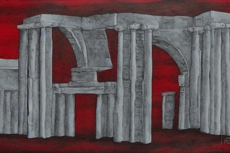 Image similar to ancient martian architecture, minimalistic red and ink airbrush painting on white background