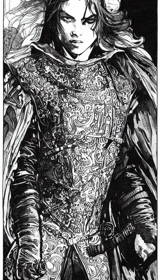 Image similar to a black and white ink fine ink drawing of a thief, from of thrones, in leather armor, fibonacci, sweat drops, intricate fashion clothing, concept art, smooth, sharp focus, portrait, illustration, art by alphonse mucha and travis charest