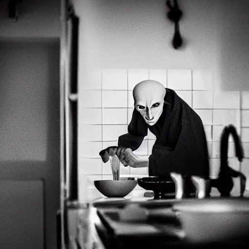 Image similar to portrait of nosferatu washing dishes, realistic detailed photography, 5 0 mm lens