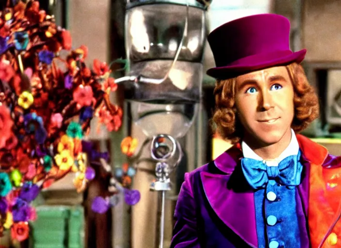 Image similar to film still of Ryan Reynolds as Willy Wonka in Willy Wonka and the Chocolate Factory 1971