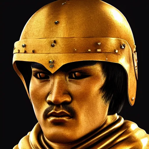 Prompt: photorealistic face of Bruce Lee wearing a medieval helmet, golden, carved and rusty