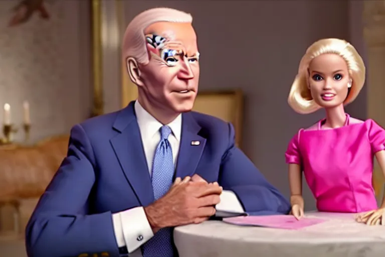 Image similar to film still frame of biden in barbie, by Jaap Buitendijk