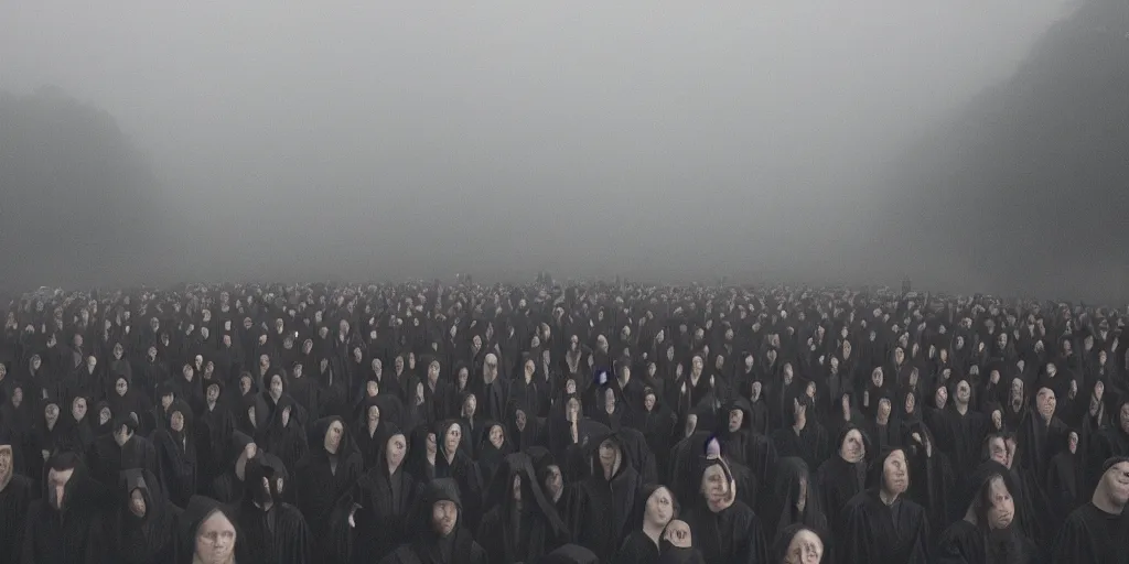 Prompt: A very big crowd of people wearing black robes and staring at the camera, eerie, scary, haunting, cinematic, mist, fog, photography