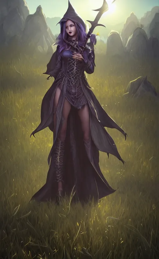 Image similar to medium shot of dark elf witch in field, sunny, highly detailed, d & d, fantasy, highly detailed, digital painting, trending on artstation, concept art, sharp focus, illustration, global illumination, ray tracing, realistic shaded, art by artgerm and greg rutkowski and fuji choko and viktoria gavrilenko and hoang lap