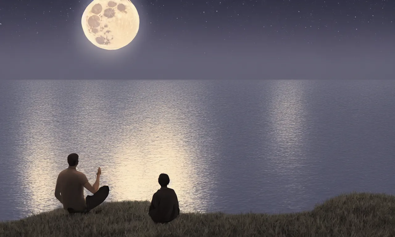 Prompt: a one man siting looking at the moon light in front of the lake, trending on artstation