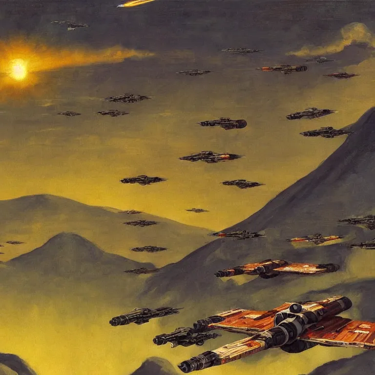 Prompt: Lush Painting of an Armada of X-Wing Fighters attacking the Death Star above the hills of Ancient Rome, oil painting by Edward Hopper shocking detail Cinematic lighting