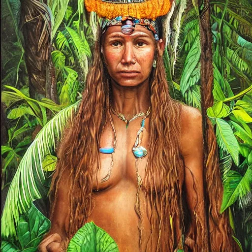 Image similar to a beautiful portrait of an amazonian shaman healer sitting in the jungle, doing a prayer, ayahuasca, high detail painting, fantasy art, highly detailed, realistic face