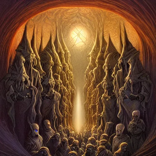 Image similar to a dark cabal of hooded elven mystics in long dark robes gathered in a circular formation around a highly advanced machine containing spirits of the dead, dan seagrave art, michael whelan