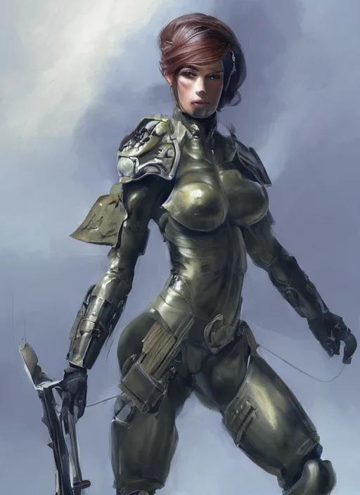 Prompt: a professionally painting of an attractive young female, partially dressed in military armor, olive skin, long dark hair, beautiful bone structure, perfectly proportioned, symmetrical facial features, intricate, elegant, heroic pose, digital painting, concept art, illustration, sketch-like, sharp focus, finely detailed, from Metal Gear, by Ruan Jia and Mandy Jurgens and William-Adolphe Bouguerea