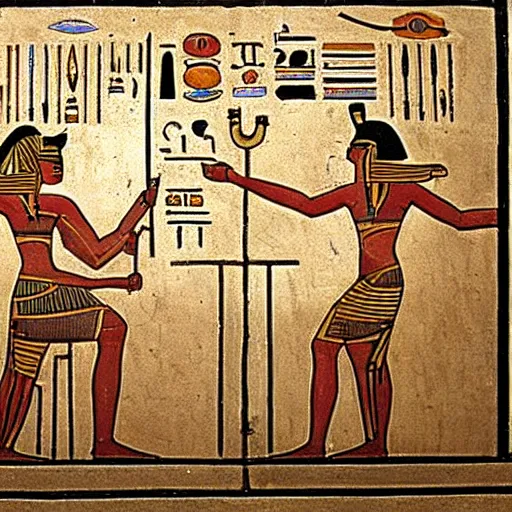 Image similar to ancient egyptian art of set working on a computer