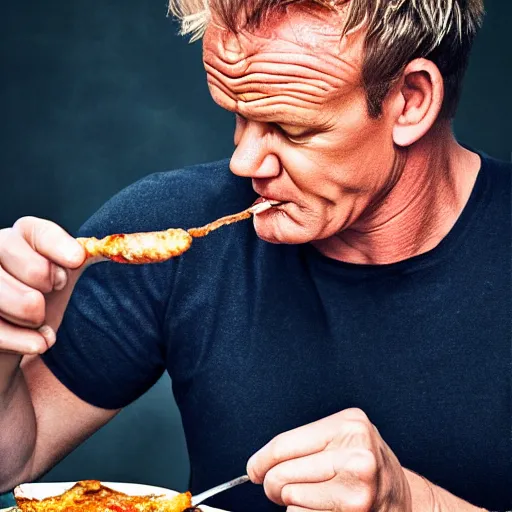 Prompt: gordon ramsey eating sausage with sauce and not liking it, high quality photograph, photorealist F1.8