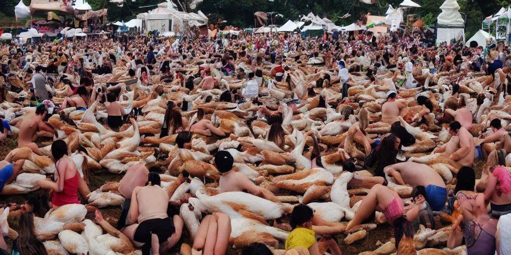 Image similar to music festival full of white chicken with drinks. only chicken, no humans. fowl festival.