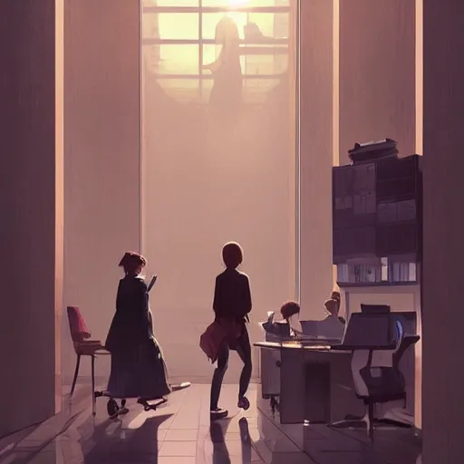 Image similar to human people walking among employee in an office, highly detailed,, artstation hd, deviantart, by madgwick,, greg rutkowski, artgerm, takato yomamoto, ilya kuvshinov, ross tran, conrad roset