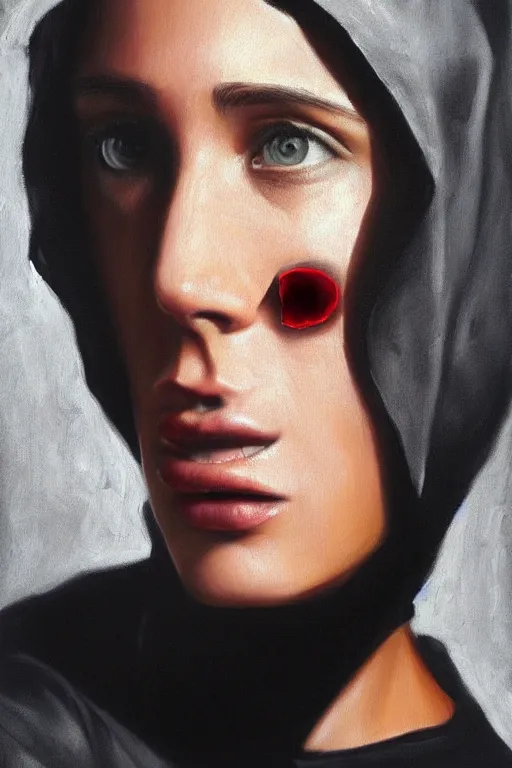 Prompt: hyperrealism oil painting, close - up portrait, fashion model in black hood, complete darkness, in style of classicism mixed with 8 0 s scifi