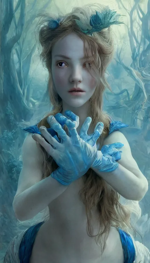 Image similar to epic masterpiece alice in wonderland, sweaty skin, hyperrealistic, octane render, cinematic, beautiful face and flawless skin, perfect hands, 5 fingers, blue, by Edgar Maxence and Ross Tran and Michael Whelan, Legends of Runeterra