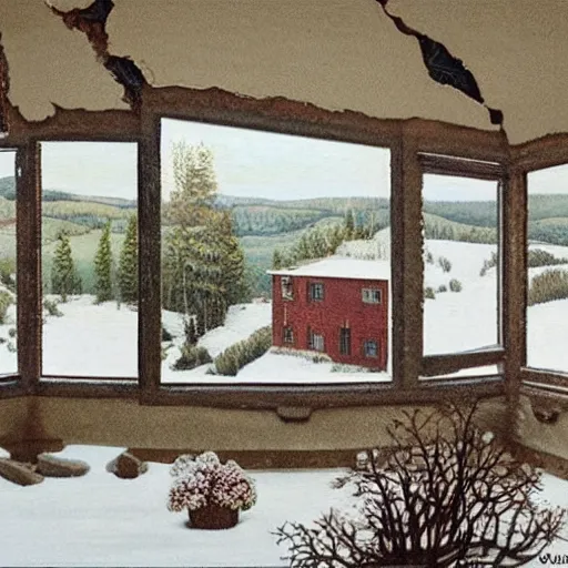 Prompt: It snows inside a ruined, roofless house. Flowers are left to wither in a vase. Painting by Alex Colville