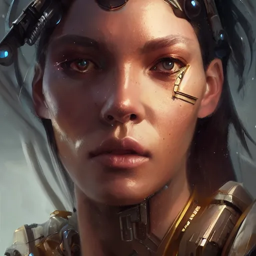 Image similar to a beautiful portrait of a cyborg goddess by greg rutkowski and raymond swanland, trending on artstation, ultra realistic digital art