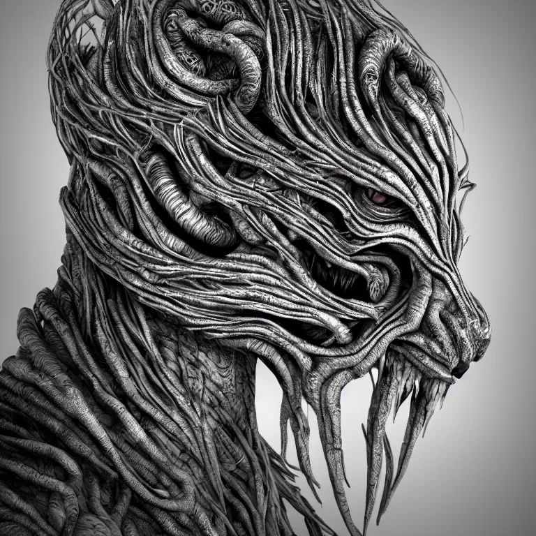 Image similar to surreal spinal ribbed tribal exotic organic face portrait of a beautiful alien animal creature monster, beautiful detailed intricate insanely detailed BW 3D render digital art, octane render, 8K artistic photography, photorealistic