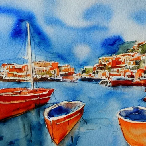 Prompt: A dreamy watercolor of an italian harbor, blue and orange palette