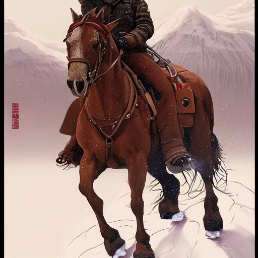 Image similar to a painting of a person on a horse in the snow, poster art by otomo katsuhiro, cgsociety, nuclear art, reimagined by industrial light and magic, official art, poster art