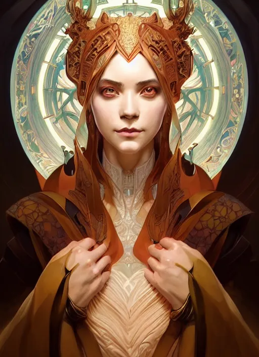 Image similar to symmetry!! portrait of a female sorcerer, dar fantasy, intricate, elegant, highly detailed, my rendition, digital painting, artstation, concept art, smooth, sharp focus, illustration, art by artgerm and greg rutkowski and alphonse mucha and huang guangjian and android jones and sachin teng