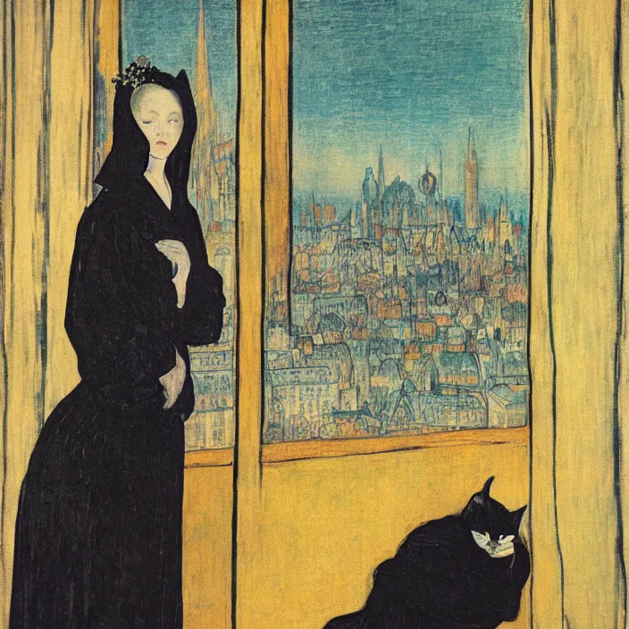 Image similar to close portrait of woman in night gown with cat, with city with gothic cathedral seen from a window frame with curtains. night. lucas cranach, georges de la tour, henri de toulouse - lautrec, utamaro, monet