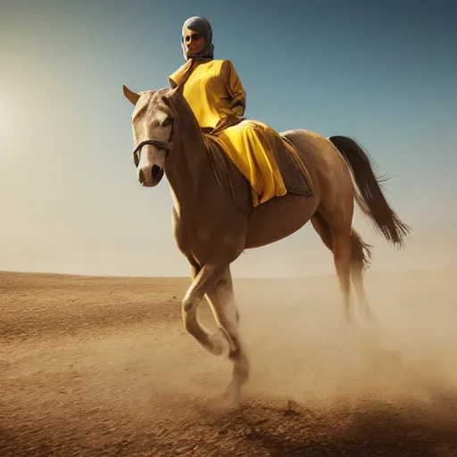 Prompt: ultra - photorealistic, middle eastern woman driving horse and handling weapon, dust, yellow cinematic, 4 k, 8 0 0 mm, uhd, vogue, winning photo of the year, sharp focus, intricate, hyperdetailed content