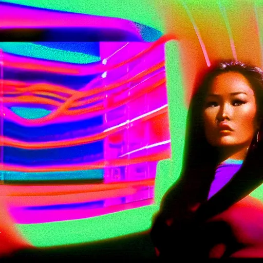 Image similar to a VHS still of a concept art with a photo of Tia Carrere in a vaporwave artwork composition, Windows98 logo, in the movie Lifeforce (1985) 8k, intricate, pastel colors