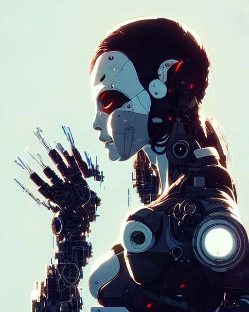 Image similar to cyborg removing her human mask revealing wires and gears behind her face, white mask, futuristic, y2k aesthetic, dramatic lighting, illustration by Greg rutkowski, yoji shinkawa, 4k, digital art, concept art, trending on artstation