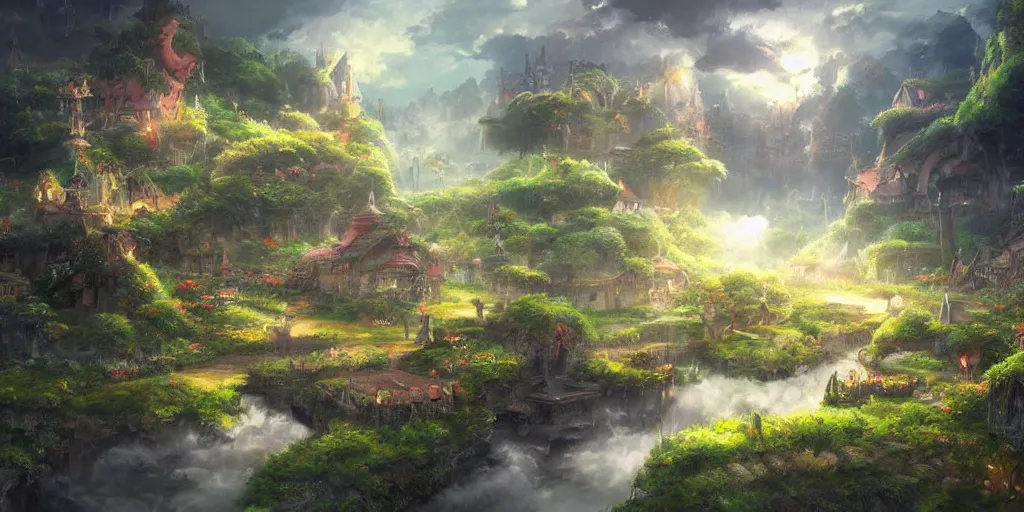 Image similar to a beautiful fantasy scene by yuumei art and ghibli studios