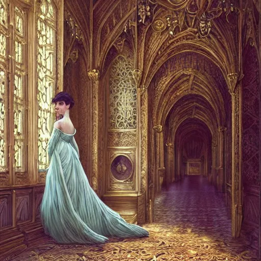 Image similar to audrey hepburn in an epic victorian novel, inside an ornate castle, intricate, elegant, highly detailed, digital painting, artstation, matte, illustration, art by artgerm, greg rutkowski, loish, rhads, ferdinand knab, makoto shinkai, lois van baarle, ilya kuvshinov, rossdraws, tom bagshaw