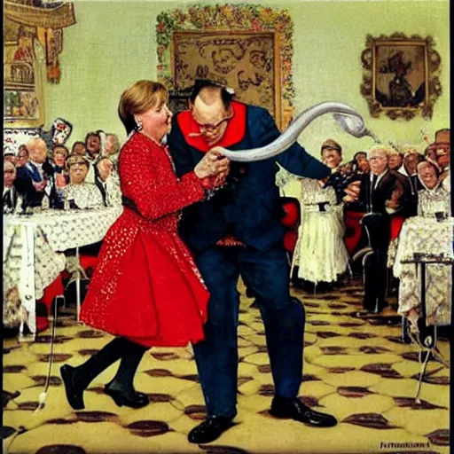 Image similar to angela merkel wearing a jester outfit, dancing for vladimir putin, artist norman rockwell,