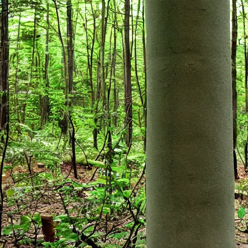 Image similar to a dense forest with a strange concrete pillar in it, with vines growing on the pillar.