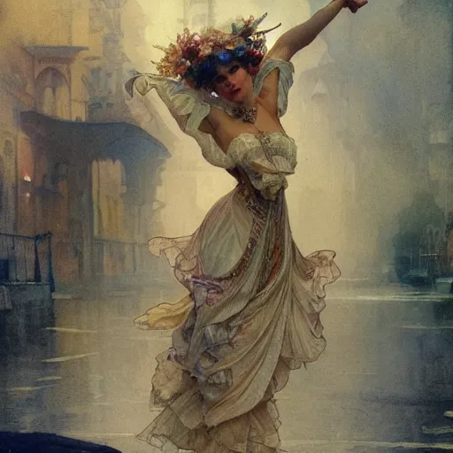 Image similar to a beautifull intricate watercolour painting of a dancing balerinas in the victorian street, reflexions, verry high details by william turner art, greg rutkowski and alphonse mucha, trending on artstation, very very detailed, masterpiece, muted colors