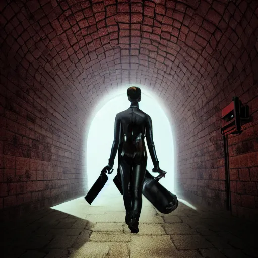 Prompt: a school boy being intimidated by a succubus in a leather suit, devi wings, cracked brick wall, long hallway, light at the end of the tunnel, volumetric lighting, concept art, detailed, dramatic lighting, by hayao miyazaki