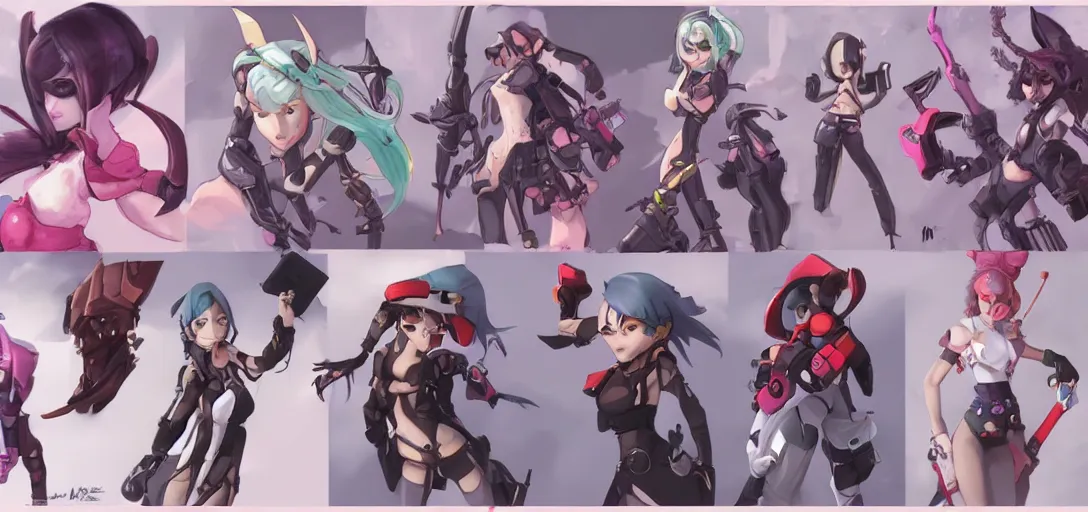 Image similar to concept art of egirl female video game characters head designs, wild, pastels, disgaea, flcl, overwatch, by marc brunet and artgerm