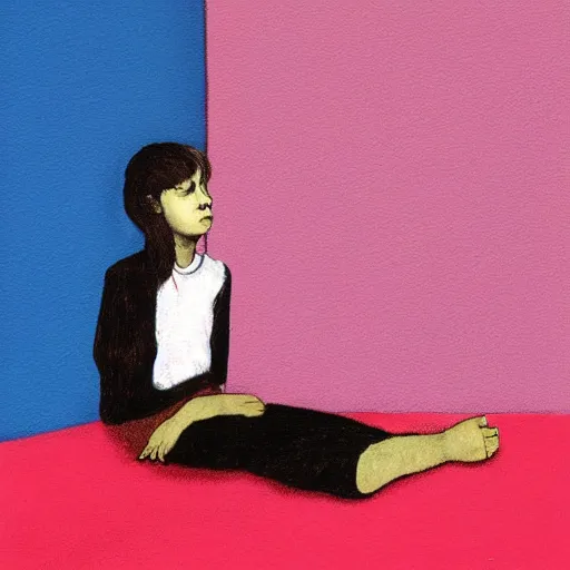 Image similar to sad young girl, sitting against pink wall, emotional, mixed media by francis bacon