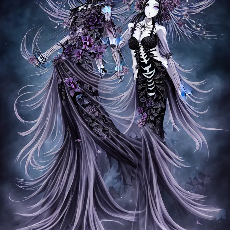 Image similar to stunning anime goddess hybrid skeleton of the floral river flowers, beautiful gothic dress in a dark romance, misty, by hironaka, harumi, in the style of gores, derek, hironaka, harumi, intricate, beautiful, artstation 8 k, high resolution sparkling atom fractals of jewls cords, by alex grey and ketner, jeremiah
