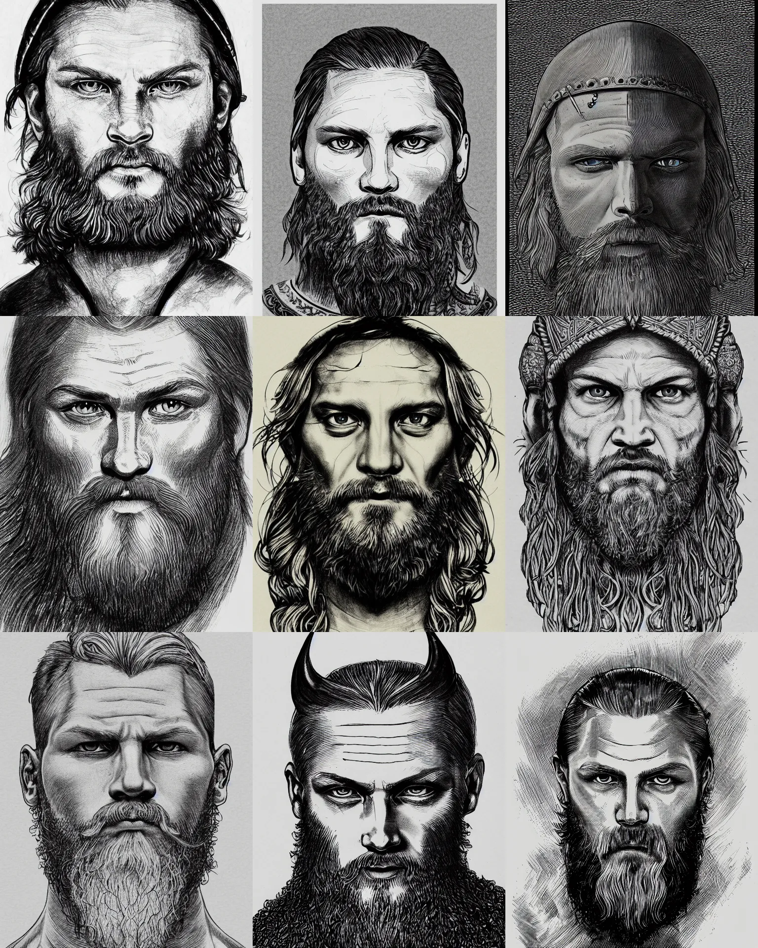 Prompt: detailed ink drawing of a head of a beared viking travis fimmel ragnar face, white wall background, front face symmetrical, trending on artstation by gustave dore