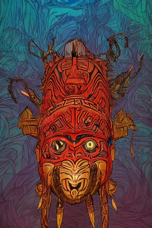Image similar to totem animal tribal chaman vodoo mask feather gemstone plant global illumination ray tracing hdr that looks like it is from borderlands and by feng zhu and loish and laurie greasley, victo ngai, andreas rocha, john harris radiating a glowing aura