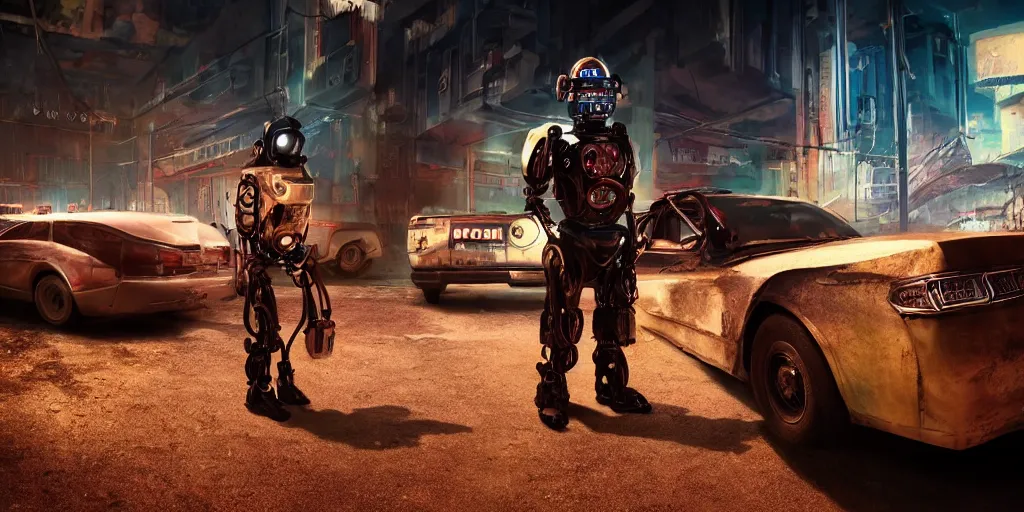 Image similar to a robotic chtulhu police officer next to a futuristic police car, rusty helmet, cyberpunk, fallout 5, studio lighting, deep colors, apocalyptic setting, city at night