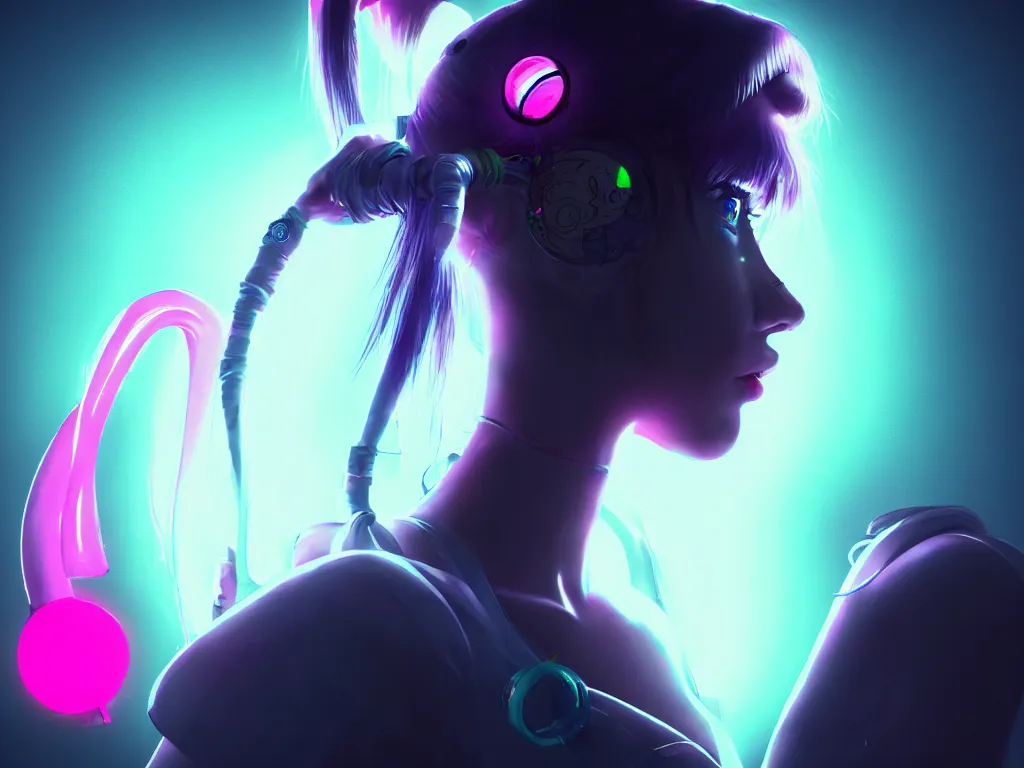 Image similar to a portrait of the neon cyberpunk sailor moon with arm tattoos, single person, dystopian scifi gear, gloomy, profile picture,