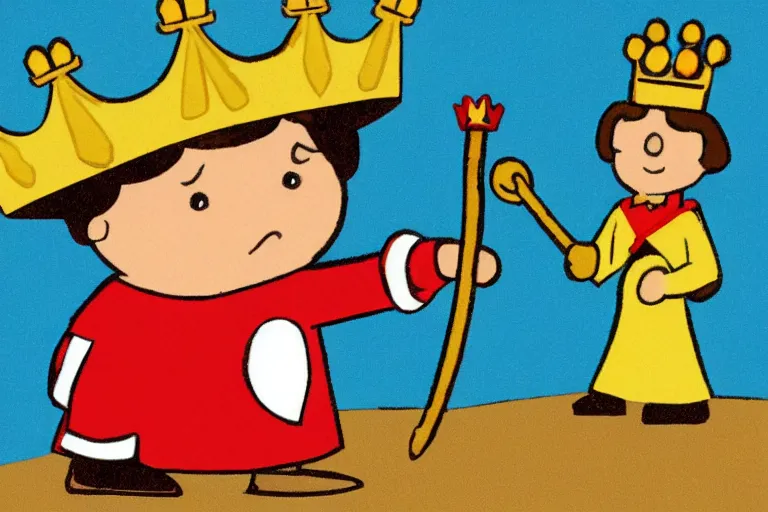 Image similar to pinto bean holding a staff, wearing crown, cartoon character,