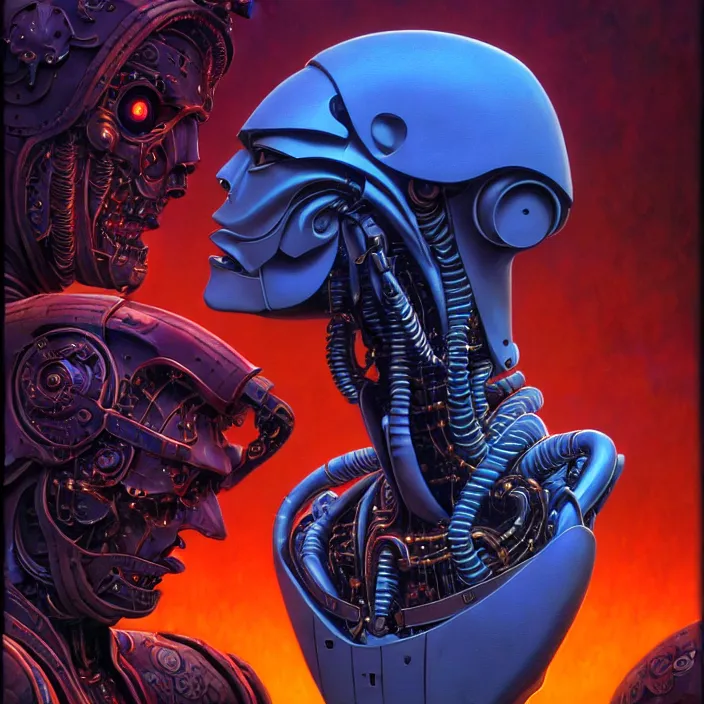 Prompt: cinematic bust portrait of psychedelic robot from left, head and chest only, exotic alien features, robotic enhancements, desaturated, Tim Hildebrandt, Wayne Barlowe, Bruce Pennington, donato giancola, larry elmore, oil on canvas, masterpiece, trending on artstation, featured on pixiv, fit in frame, cinematic composition, dramatic pose, beautiful lighting, sharp, details, hyper-detailed, HD, HDR, 4K, 8K