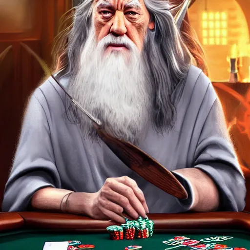 Image similar to gandalf playing poker, casino highly detailed, digital art,