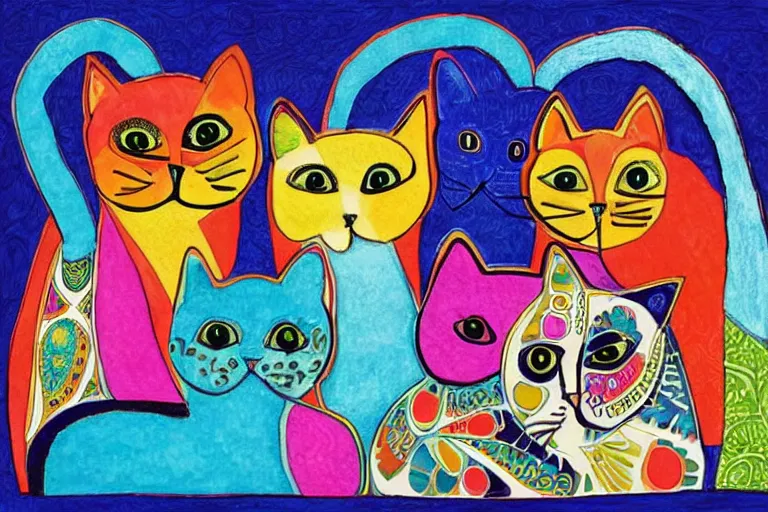 Prompt: beautiful art illustration of a group of cats by laurel burch, highly detailed